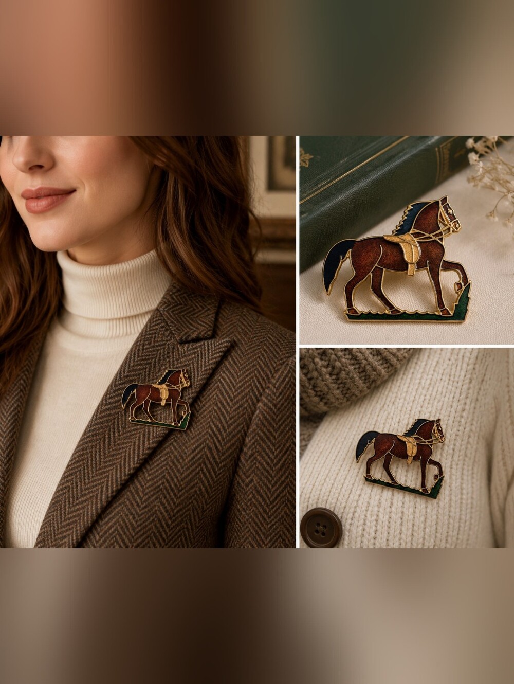 Vintage Fish Enterprises Horse Brooch Enamel Gold Tone‎ Equestrian Pin